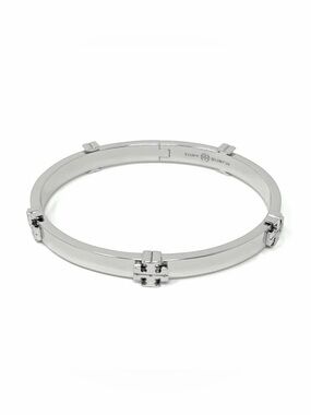 Tory Burch Silver Hinged Logo Bangle Bracelet